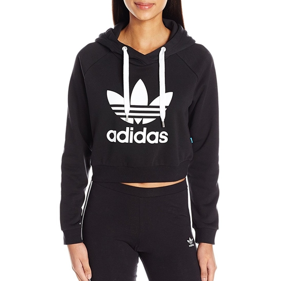 adidas Tops - Adidas Trefoil Crop Hoodie black white H9